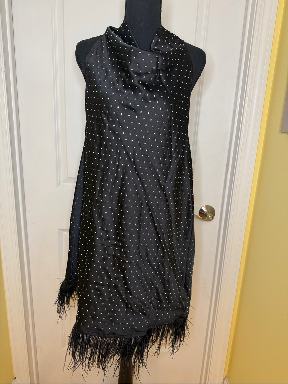 WEWOREWHAT Black Satin Polka Dot Cocktail Dress with Feather Hem, size L